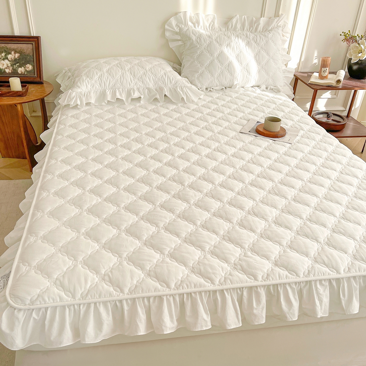 91家纺网 家纺一手货源 找家纺 佳笠家居 2026春夏新款A类全棉纯棉水洗棉新疆棉花少女风花边单床笠 床笠单件 贵族白