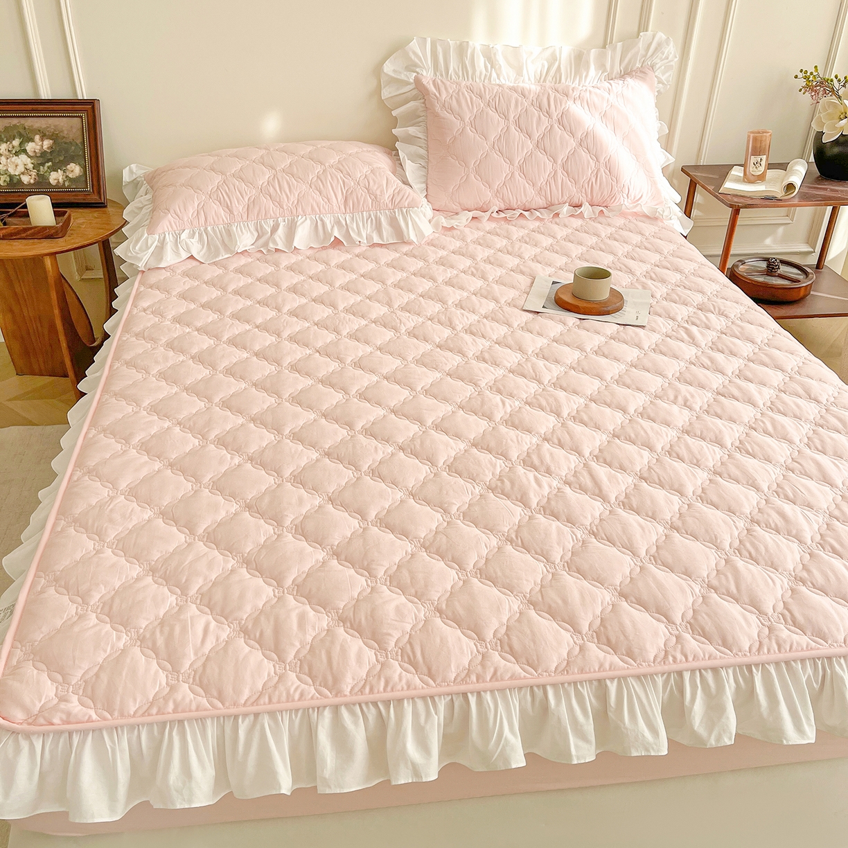 91家纺网 家纺一手货源 找家纺 佳笠家居 2026春夏新款A类全棉纯棉水洗棉新疆棉花少女风花边单床笠 床笠单件 芝夏粉