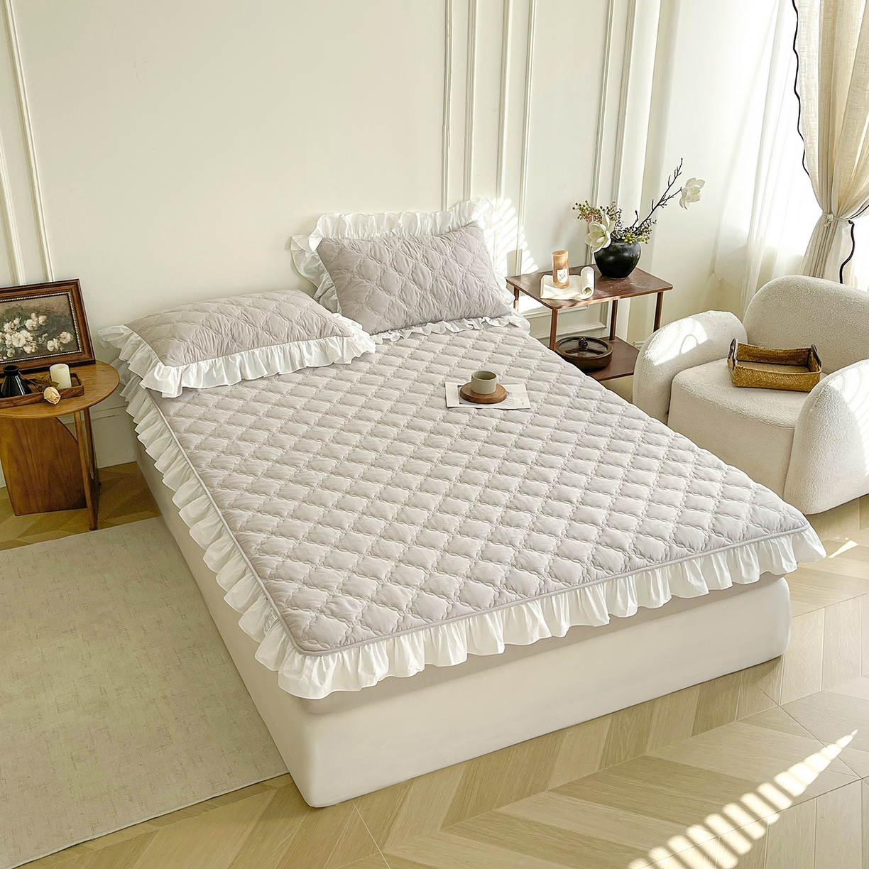 91家纺网 家纺一手货源 找家纺 佳笠家居 2026春夏新款A类全棉纯棉水洗棉新疆棉花少女风花边单床笠 床笠单件 枫舞灰