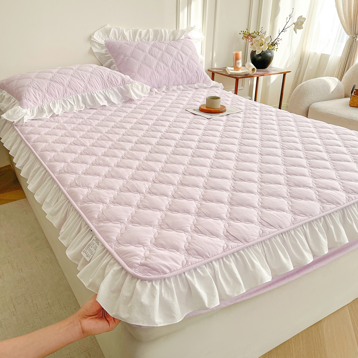 91家纺网 家纺一手货源 找家纺 佳笠家居 2026春夏新款A类全棉纯棉水洗棉新疆棉花少女风花边单床笠 床笠单件 星空紫