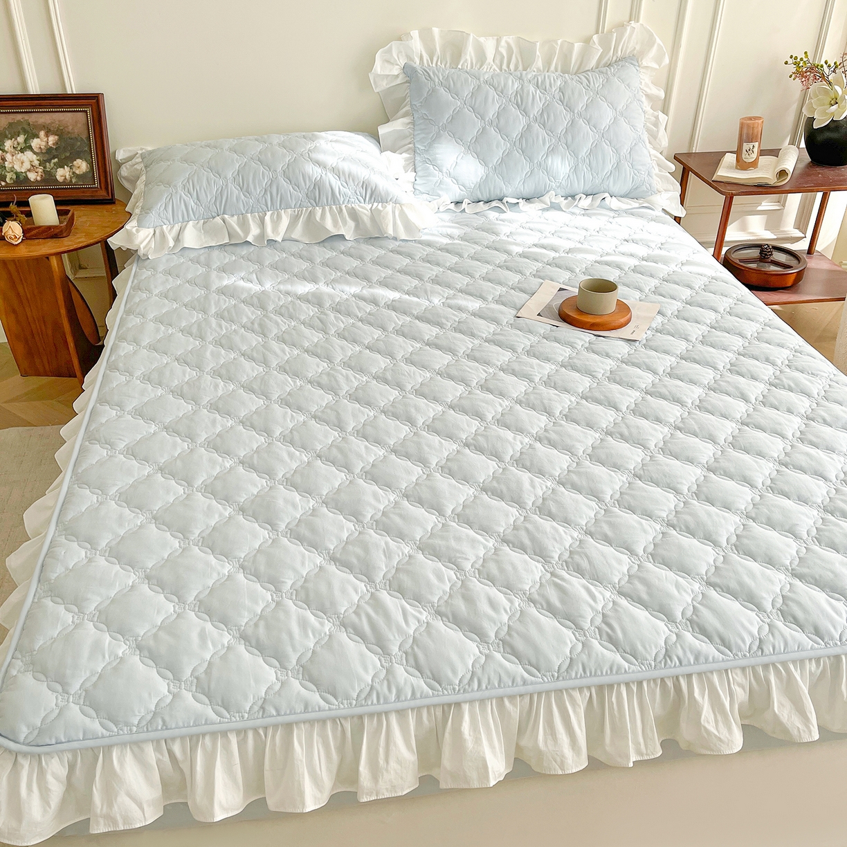 91家纺网 家纺一手货源 找家纺 佳笠家居 2026春夏新款A类全棉纯棉水洗棉新疆棉花少女风花边单床笠 床笠单件 晴空蓝