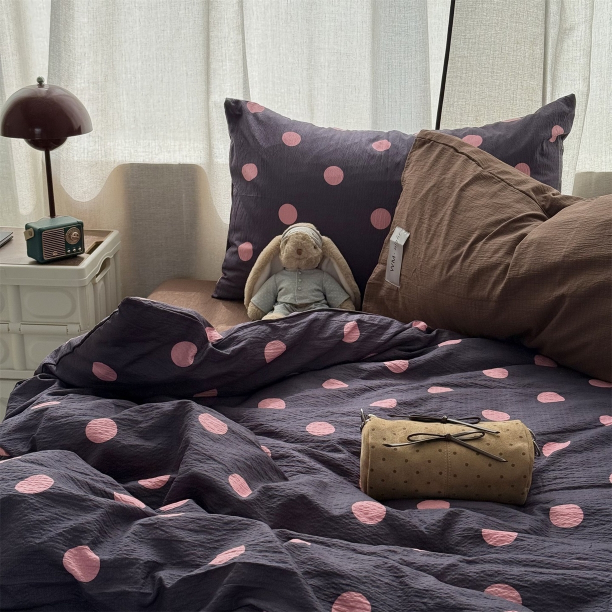 91家纺网 家纺一手货源 找家纺 拾一 2026新款软糯木棉甜美波点系列四件套 甜美波点-粉紫