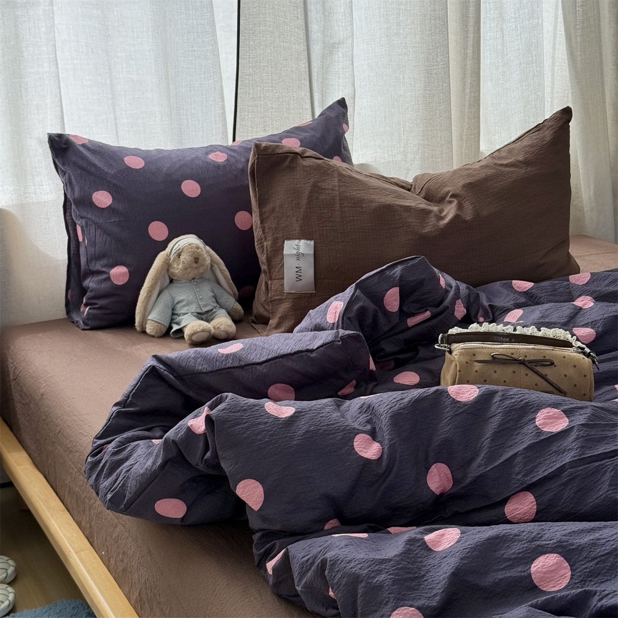 91家纺网 家纺一手货源 找家纺 拾一 2026新款软糯木棉甜美波点系列四件套 甜美波点-粉紫