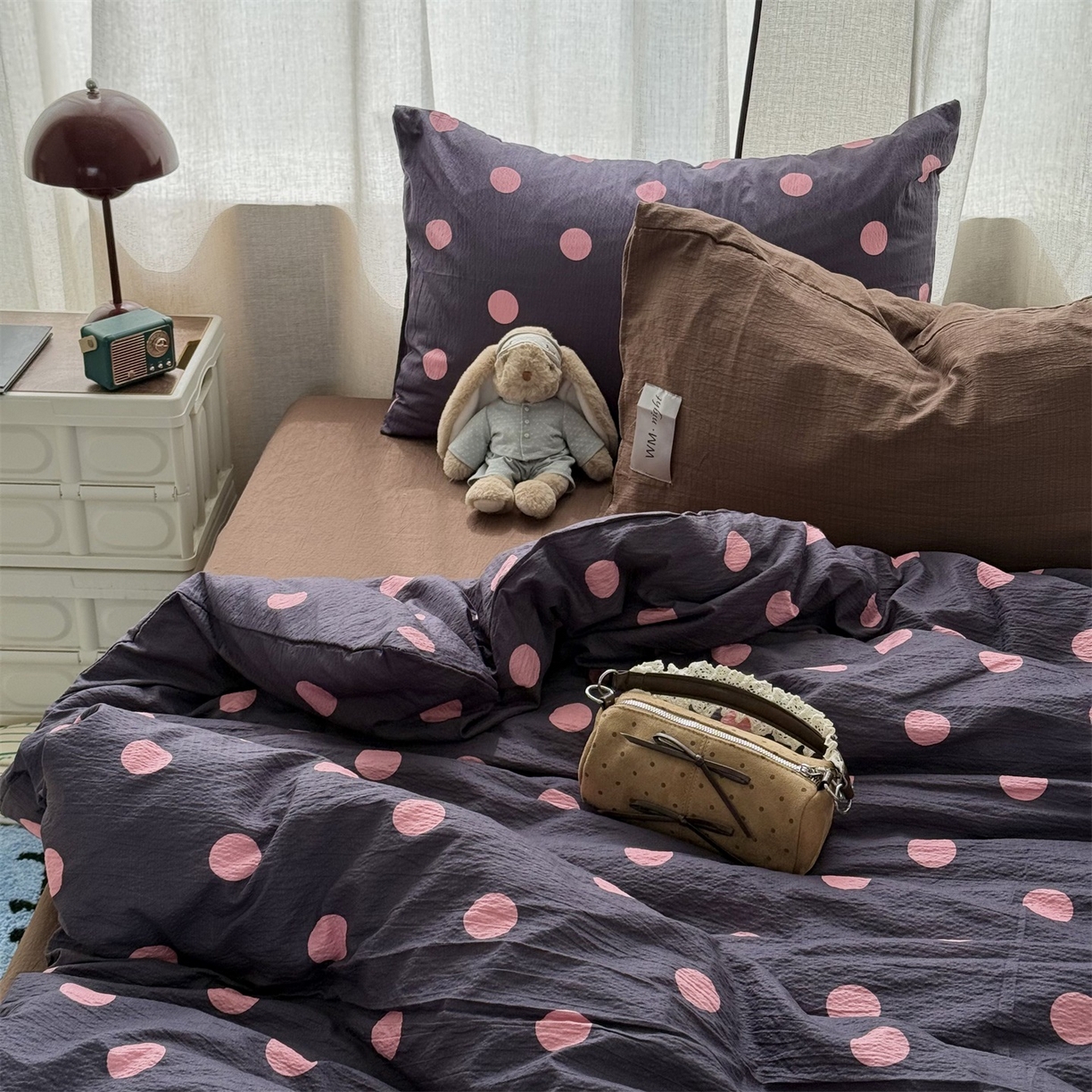 91家纺网 家纺一手货源 找家纺 拾一 2026新款软糯木棉甜美波点系列四件套 甜美波点-粉紫