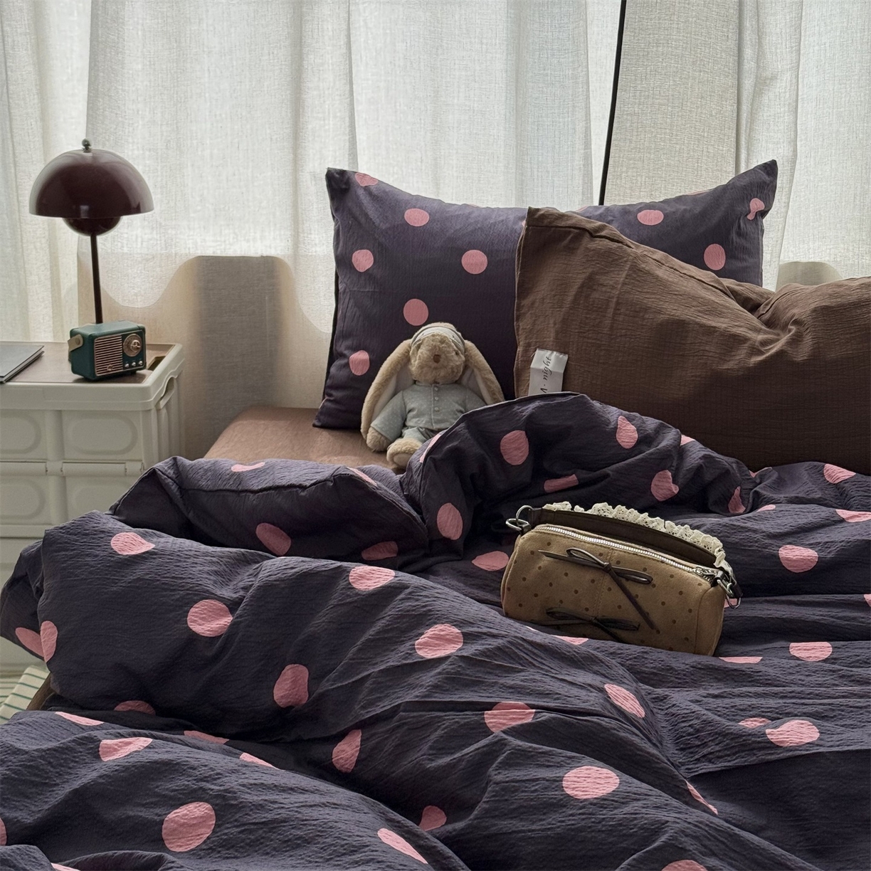 91家纺网 家纺一手货源 找家纺 拾一 2026新款软糯木棉甜美波点系列四件套 甜美波点-粉紫