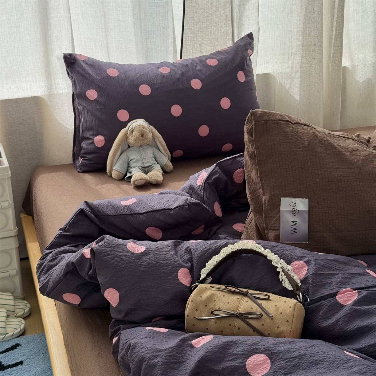 91家纺网 家纺一手货源 找家纺 拾一 2026新款软糯木棉甜美波点系列四件套 甜美波点-粉紫