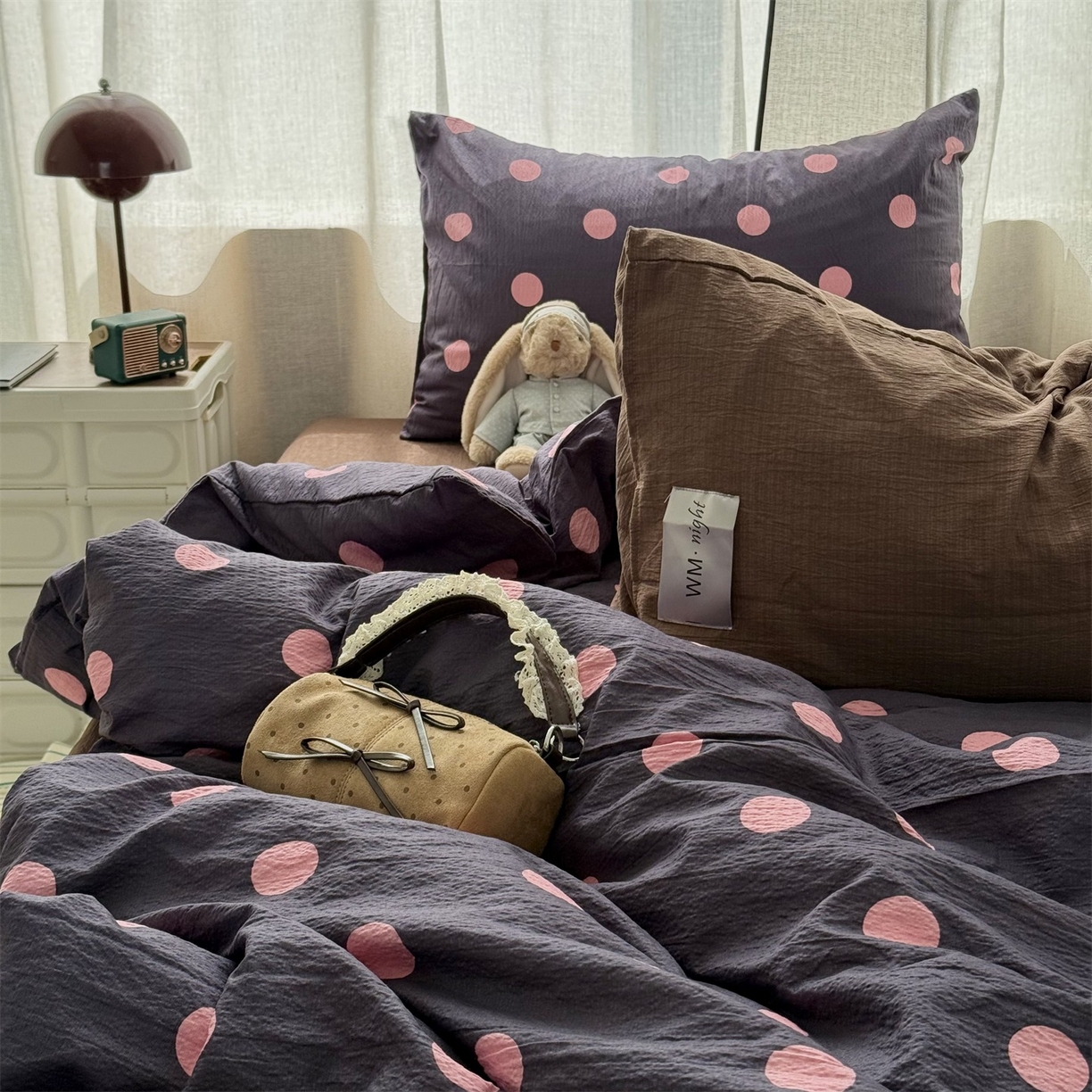 91家纺网 家纺一手货源 找家纺 拾一 2026新款软糯木棉甜美波点系列四件套 甜美波点-粉紫