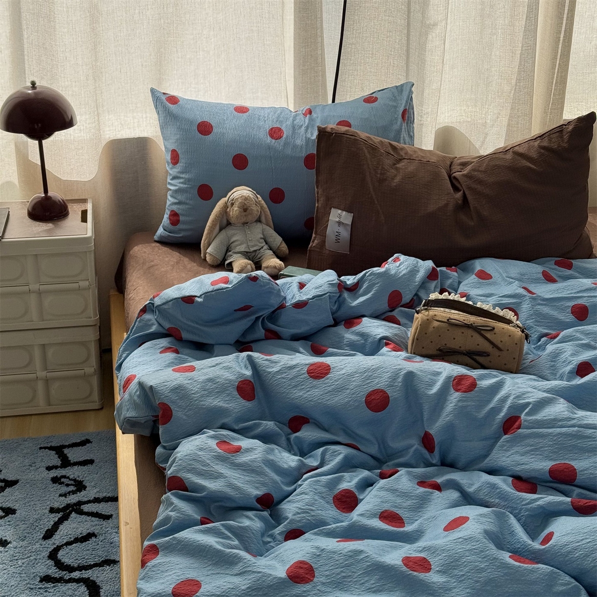91家纺网 家纺一手货源 找家纺 拾一 2026新款软糯木棉甜美波点系列四件套 甜美波点-红蓝