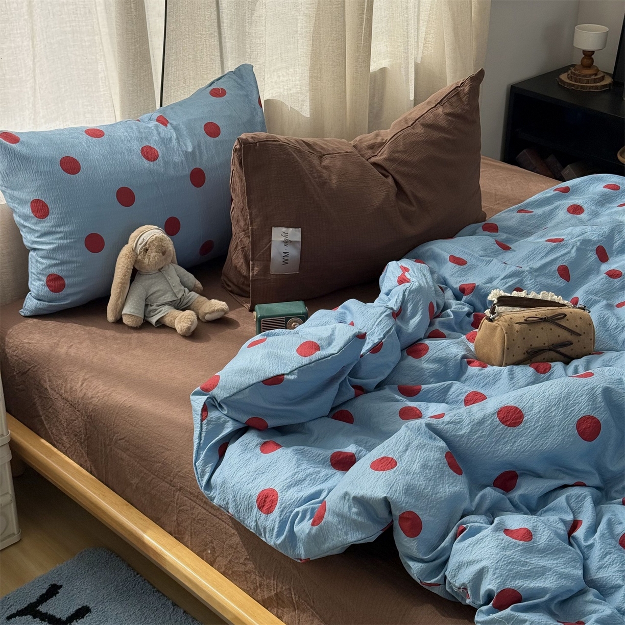 91家纺网 家纺一手货源 找家纺 拾一 2026新款软糯木棉甜美波点系列四件套 甜美波点-红蓝