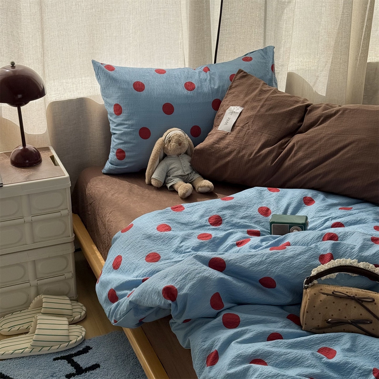 91家纺网 家纺一手货源 找家纺 拾一 2026新款软糯木棉甜美波点系列四件套 甜美波点-红蓝