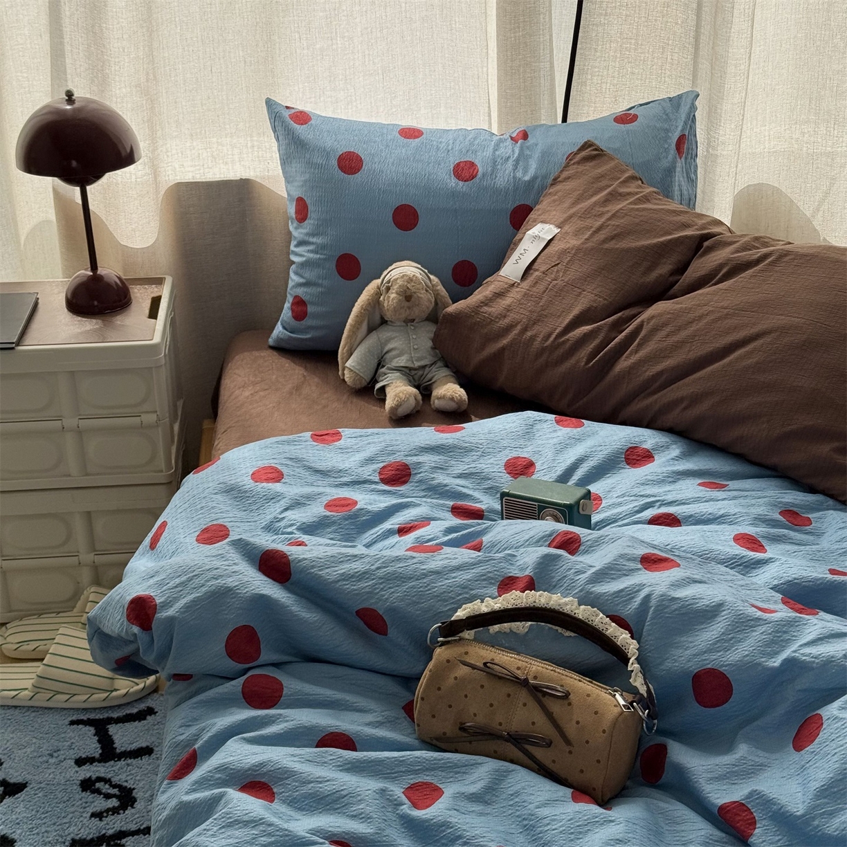 91家纺网 家纺一手货源 找家纺 拾一 2026新款软糯木棉甜美波点系列四件套 甜美波点-红蓝