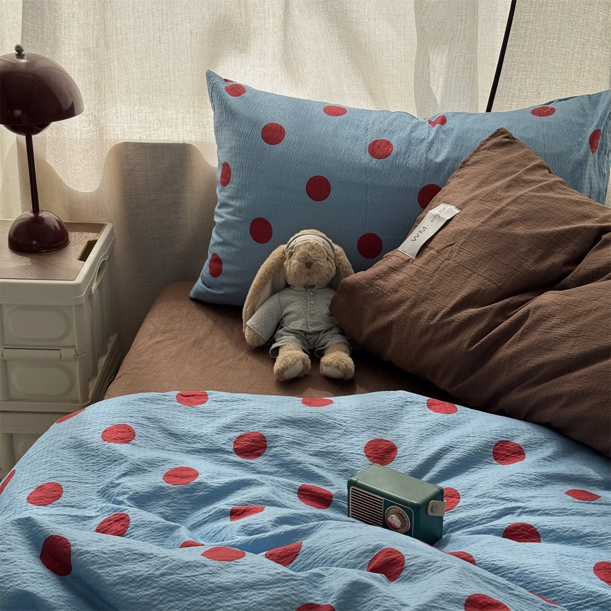 91家纺网 家纺一手货源 找家纺 拾一 2026新款软糯木棉甜美波点系列四件套 甜美波点-红蓝