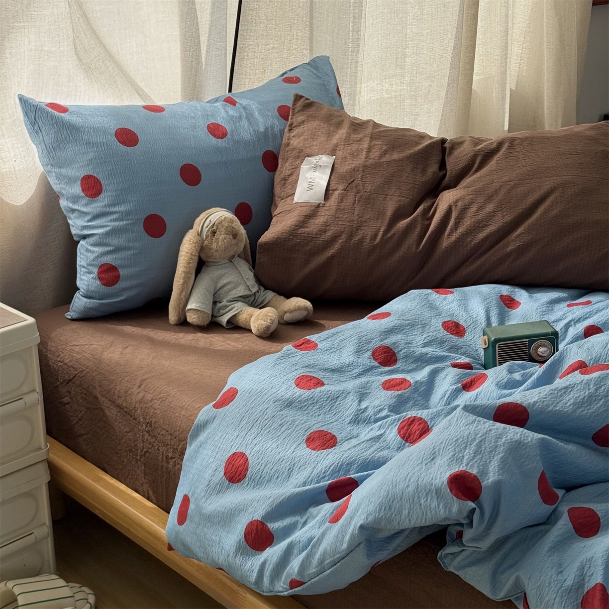 91家纺网 家纺一手货源 找家纺 拾一 2026新款软糯木棉甜美波点系列四件套 甜美波点-红蓝