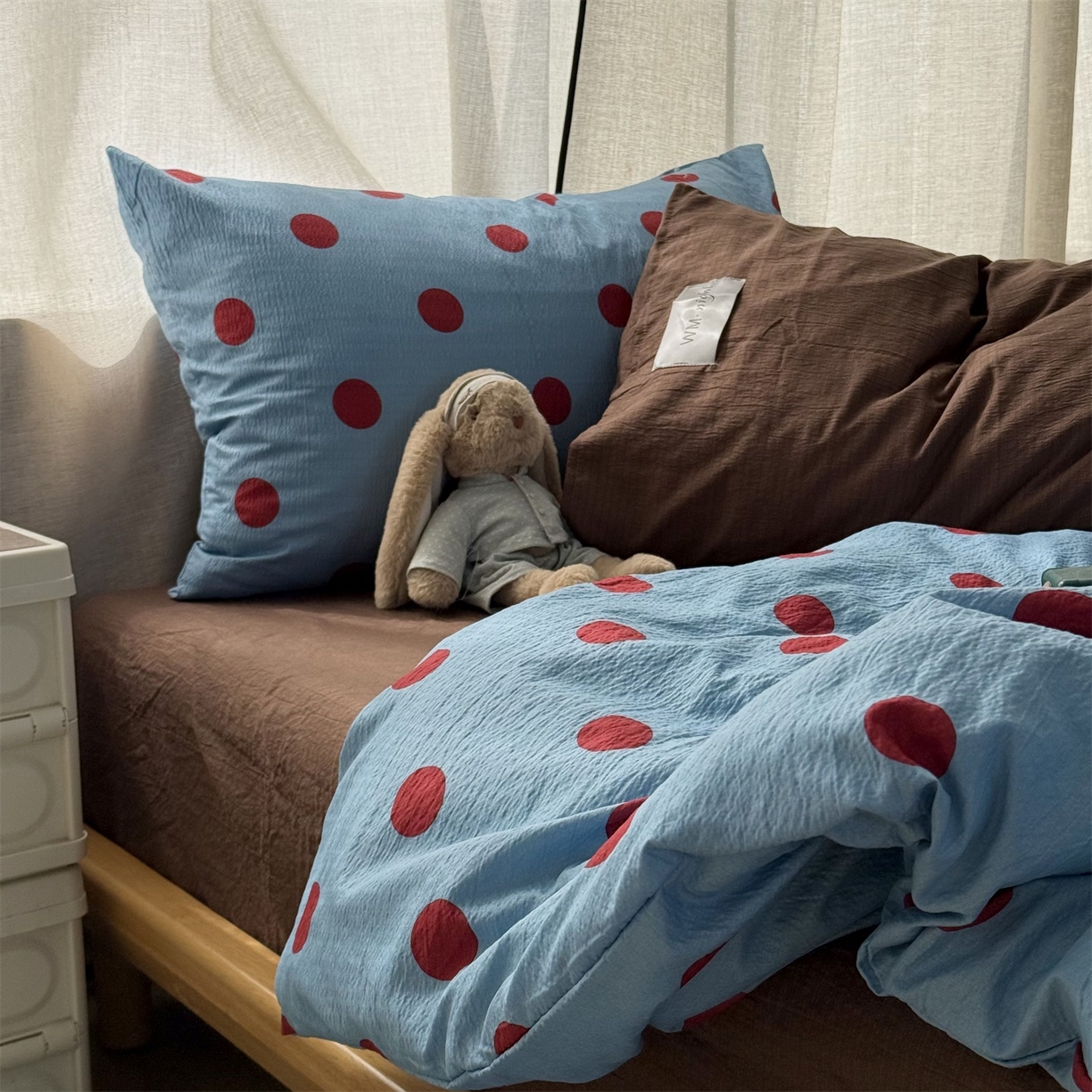 91家纺网 家纺一手货源 找家纺 拾一 2026新款软糯木棉甜美波点系列四件套 甜美波点-红蓝