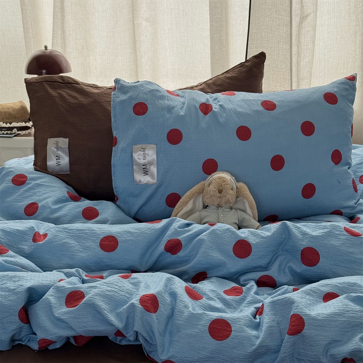 91家纺网 家纺一手货源 找家纺 拾一 2026新款软糯木棉甜美波点系列四件套 甜美波点-红蓝