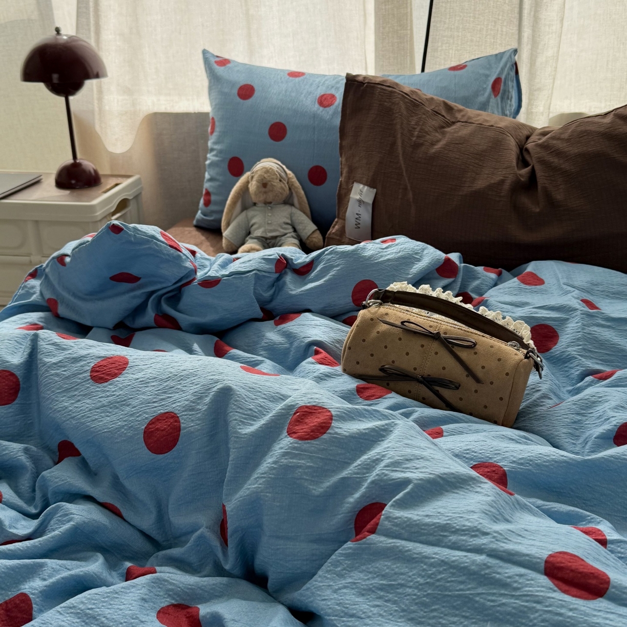 91家纺网 家纺一手货源 找家纺 拾一 2026新款软糯木棉甜美波点系列四件套 甜美波点-红蓝