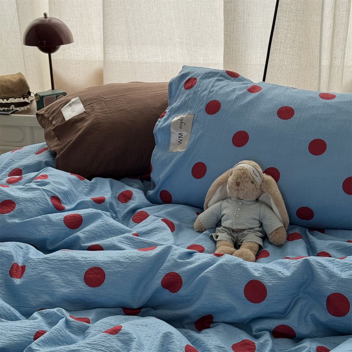 91家纺网 家纺一手货源 找家纺 拾一 2026新款软糯木棉甜美波点系列四件套 甜美波点-红蓝