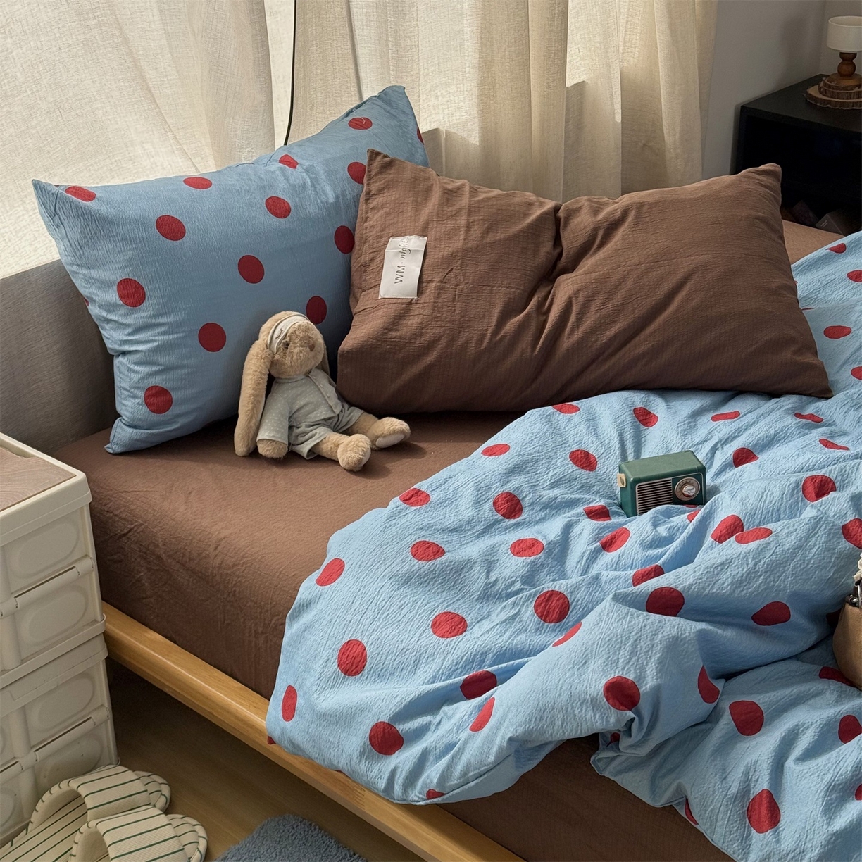 91家纺网 家纺一手货源 找家纺 拾一 2026新款软糯木棉甜美波点系列四件套 甜美波点-红蓝