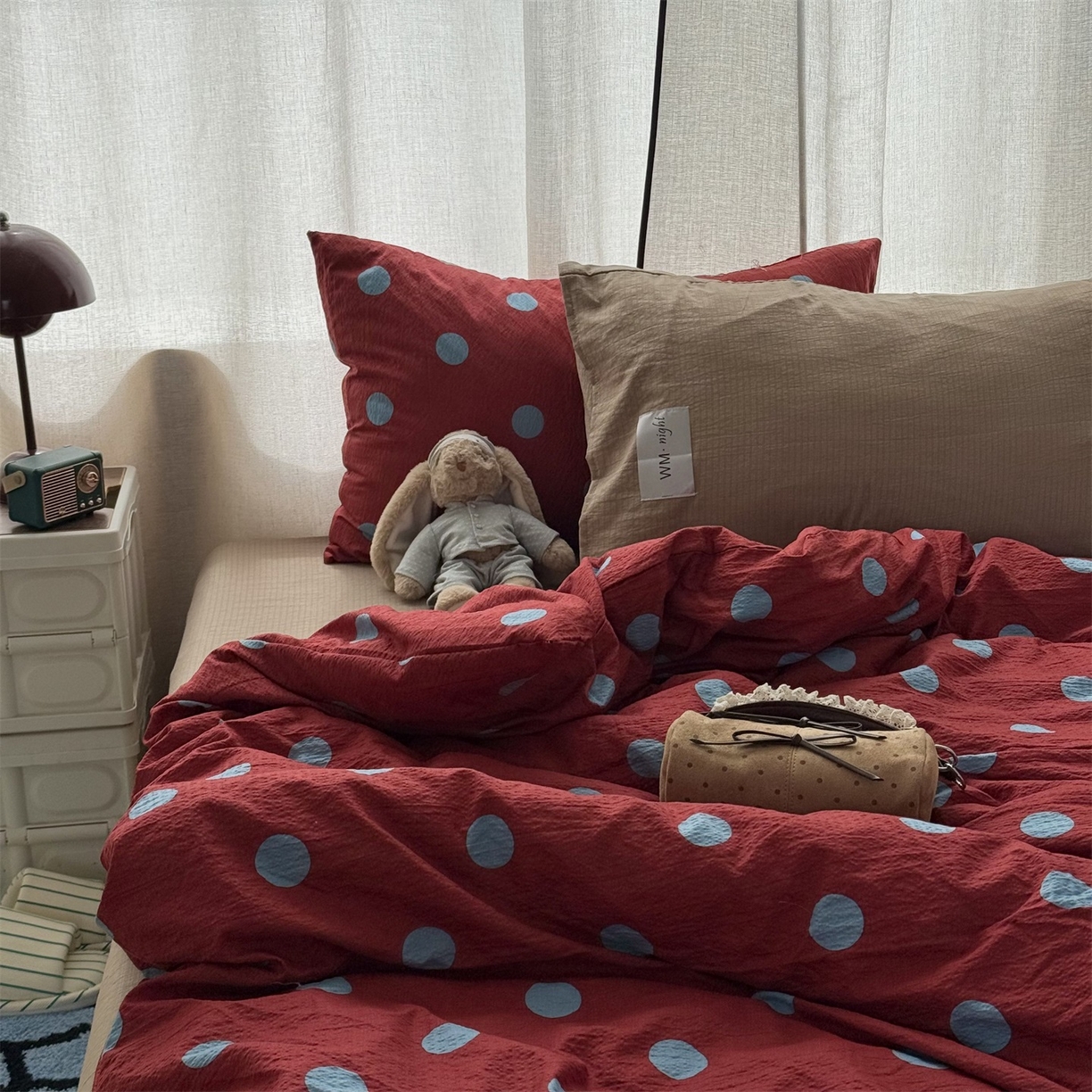 拾一 2026新款软糯木棉甜美波点系列四件套 甜美波点-蓝红