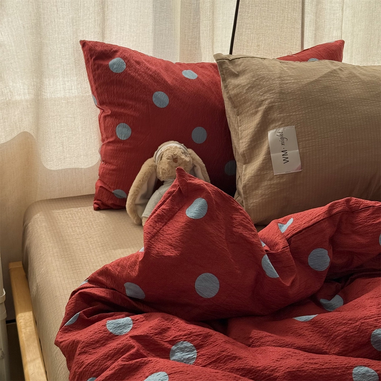 91家纺网 家纺一手货源 找家纺 拾一 2026新款软糯木棉甜美波点系列四件套 甜美波点-蓝红