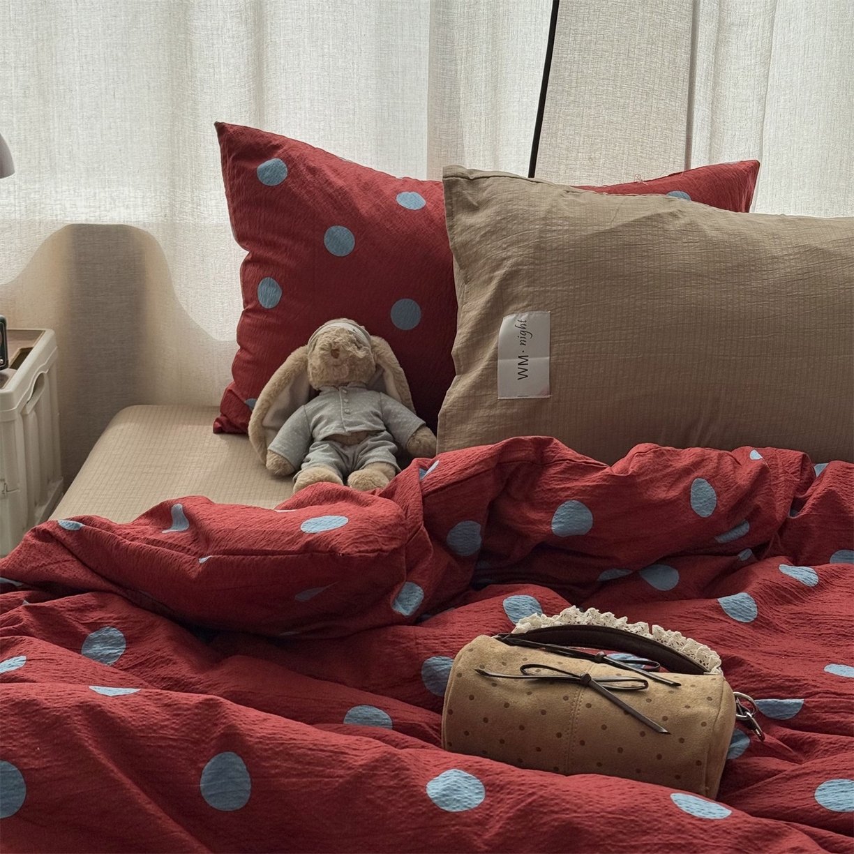 91家纺网 家纺一手货源 找家纺 拾一 2026新款软糯木棉甜美波点系列四件套 甜美波点-蓝红