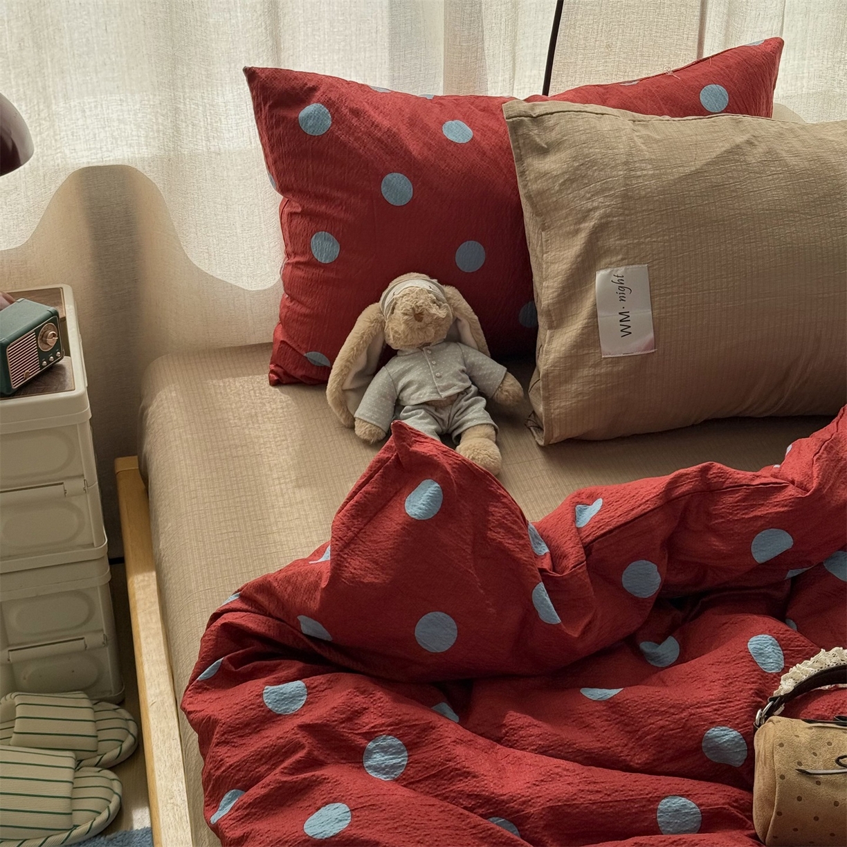 91家纺网 家纺一手货源 找家纺 拾一 2026新款软糯木棉甜美波点系列四件套 甜美波点-蓝红