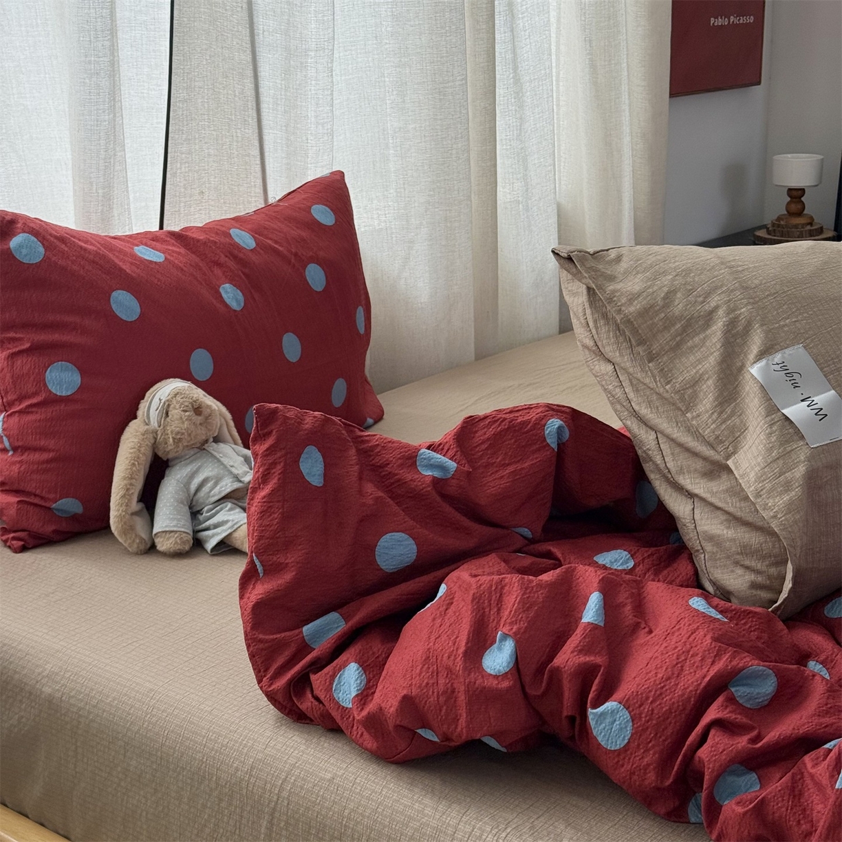 91家纺网 家纺一手货源 找家纺 拾一 2026新款软糯木棉甜美波点系列四件套 甜美波点-蓝红