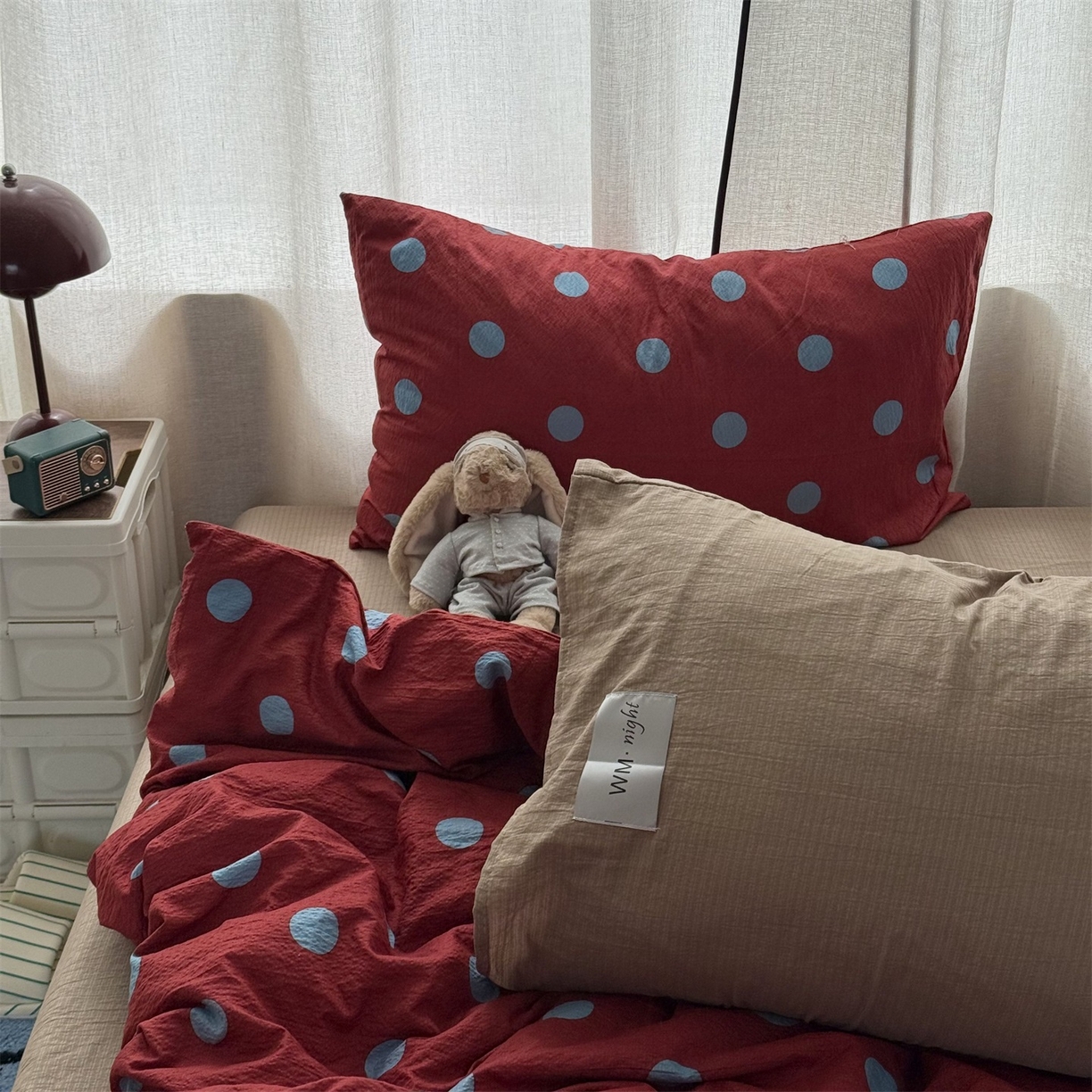 91家纺网 家纺一手货源 找家纺 拾一 2026新款软糯木棉甜美波点系列四件套 甜美波点-蓝红