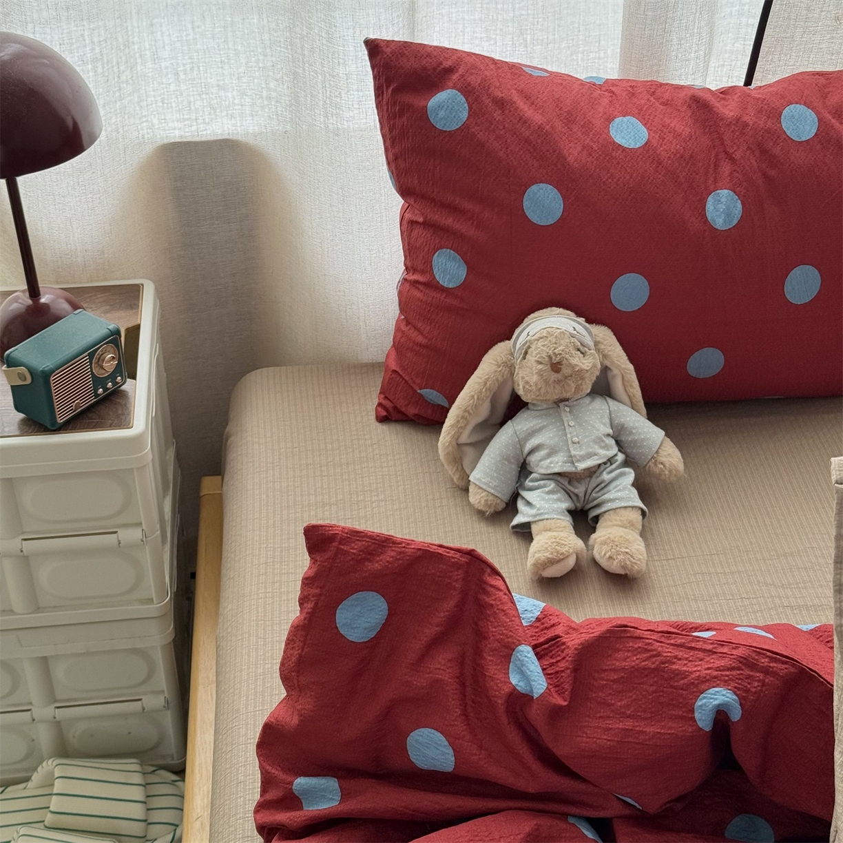 91家纺网 家纺一手货源 找家纺 拾一 2026新款软糯木棉甜美波点系列四件套 甜美波点-蓝红