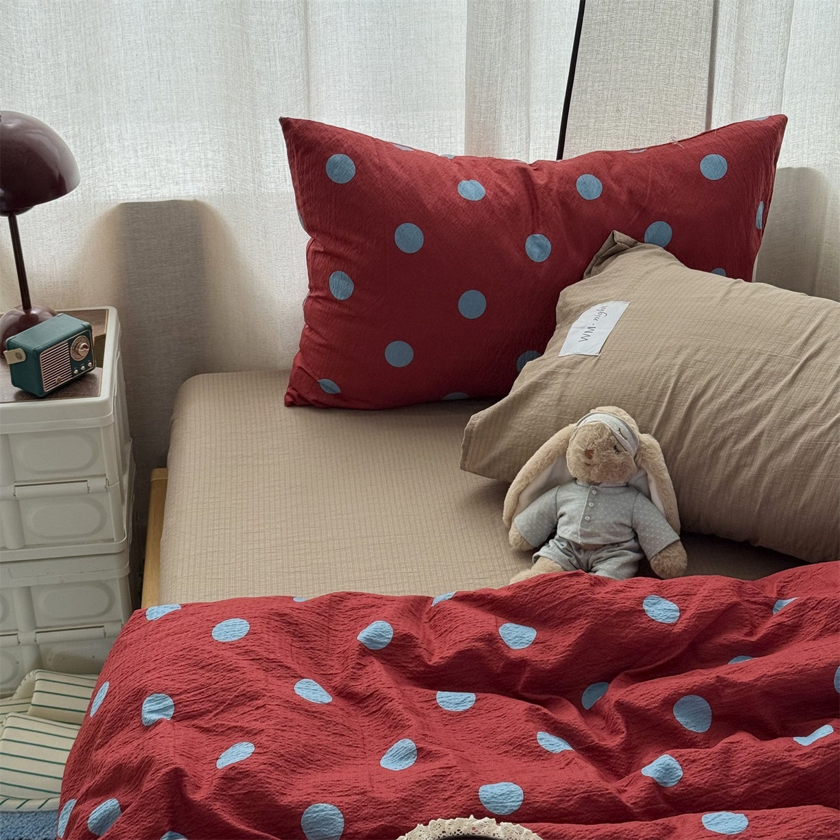 91家纺网 家纺一手货源 找家纺 拾一 2026新款软糯木棉甜美波点系列四件套 甜美波点-蓝红