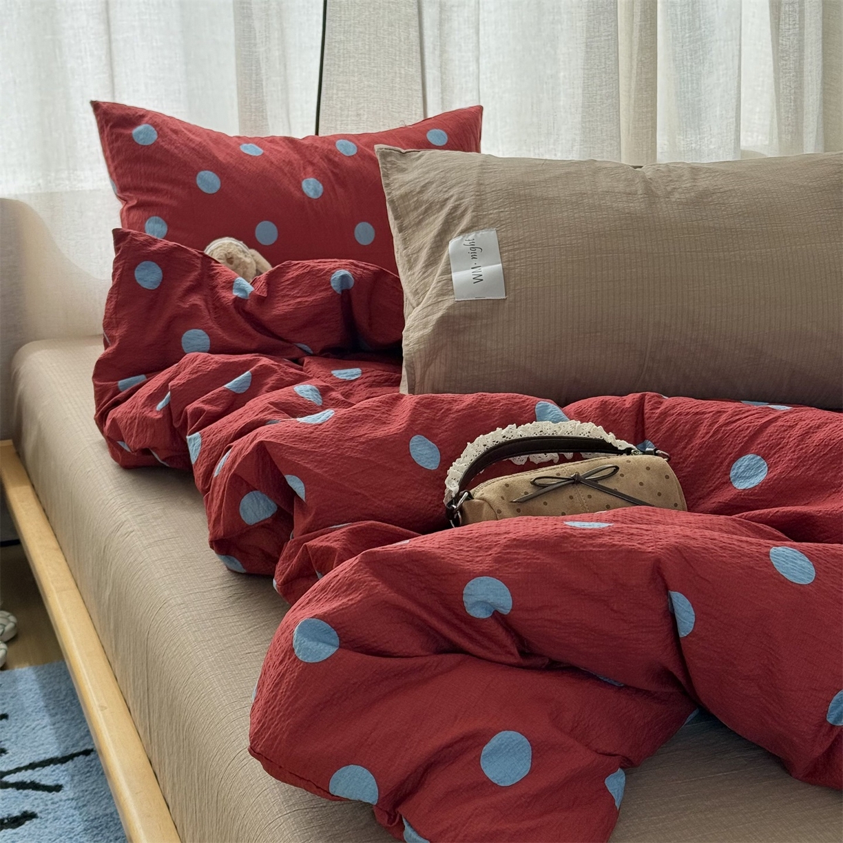 91家纺网 家纺一手货源 找家纺 拾一 2026新款软糯木棉甜美波点系列四件套 甜美波点-蓝红