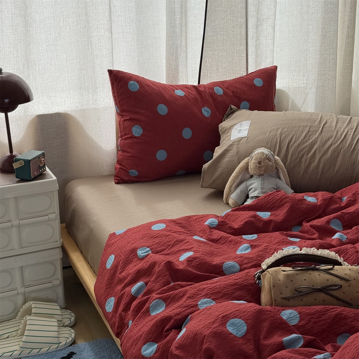 91家纺网 家纺一手货源 找家纺 拾一 2026新款软糯木棉甜美波点系列四件套 甜美波点-蓝红