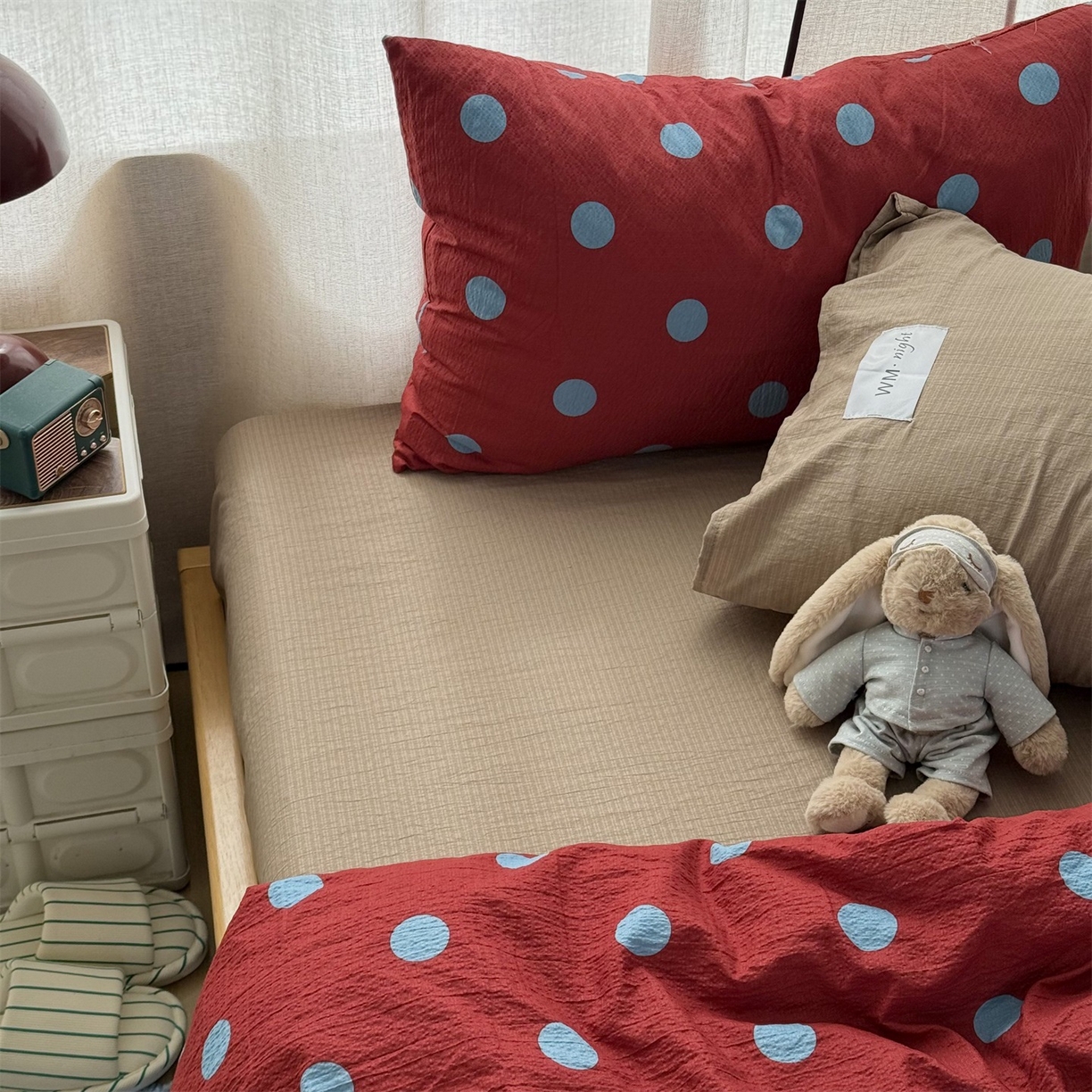 91家纺网 家纺一手货源 找家纺 拾一 2026新款软糯木棉甜美波点系列四件套 甜美波点-蓝红