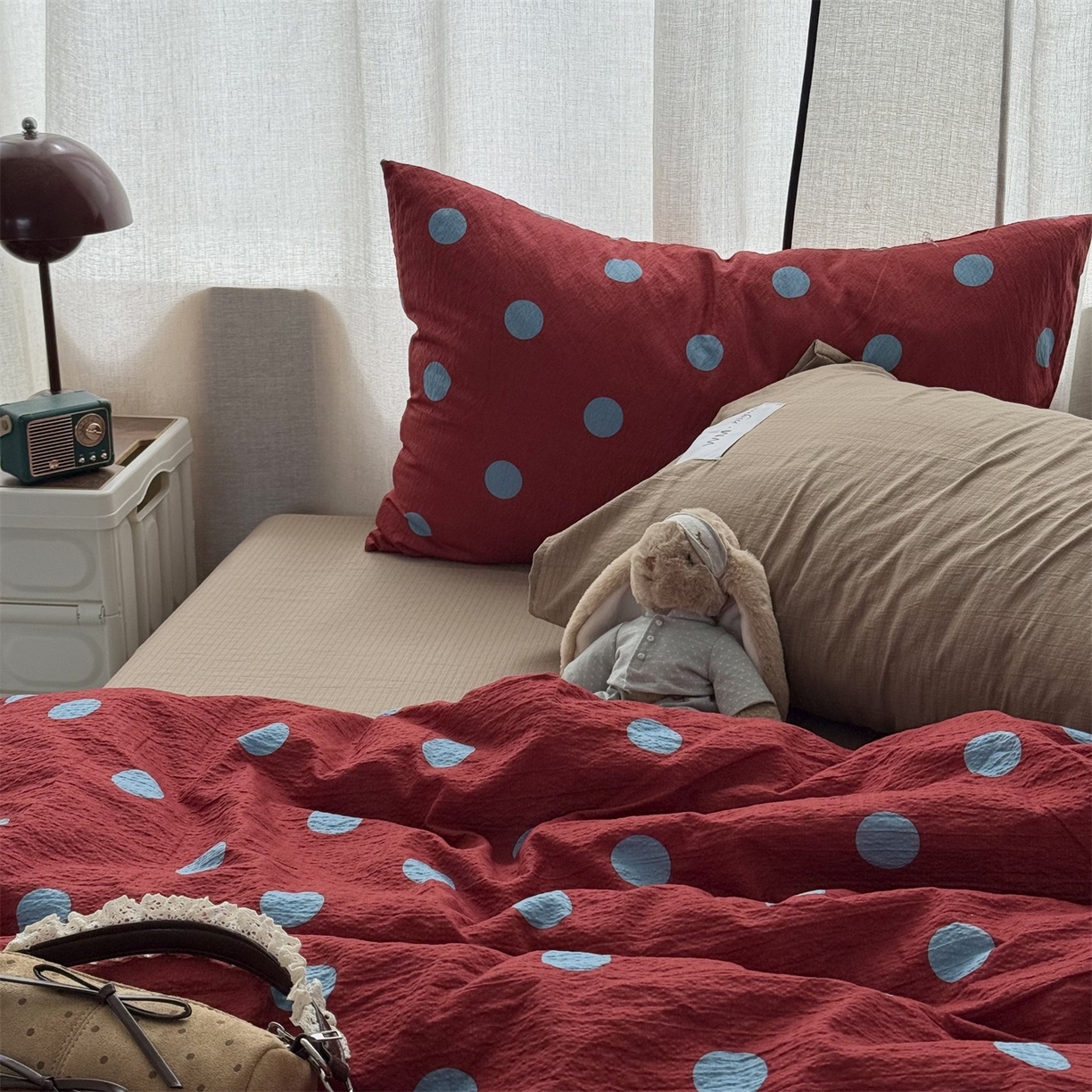 91家纺网 家纺一手货源 找家纺 拾一 2026新款软糯木棉甜美波点系列四件套 甜美波点-蓝红