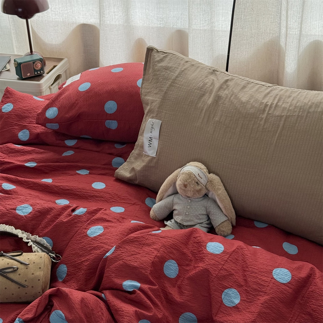 91家纺网 家纺一手货源 找家纺 拾一 2026新款软糯木棉甜美波点系列四件套 甜美波点-蓝红