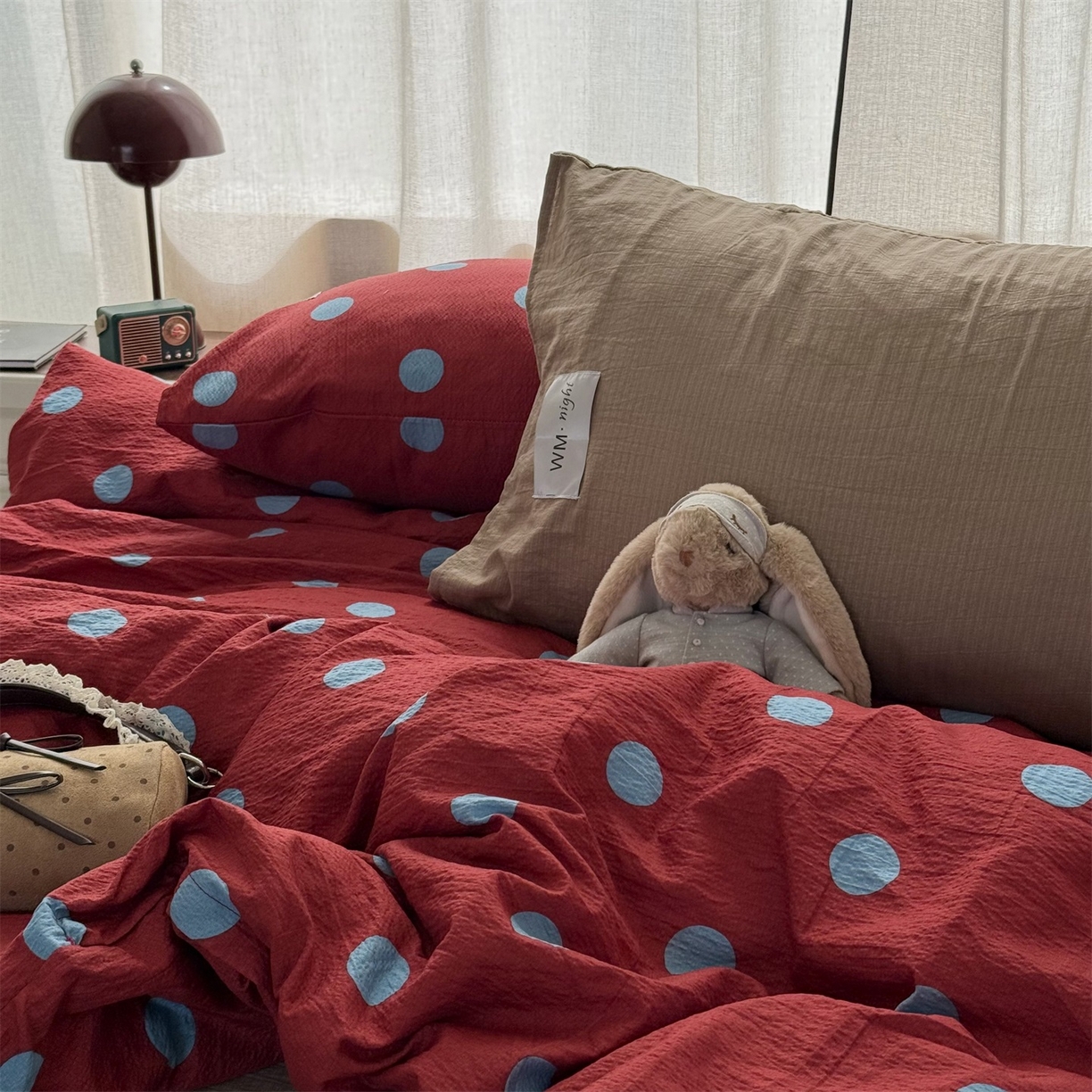 91家纺网 家纺一手货源 找家纺 拾一 2026新款软糯木棉甜美波点系列四件套 甜美波点-蓝红