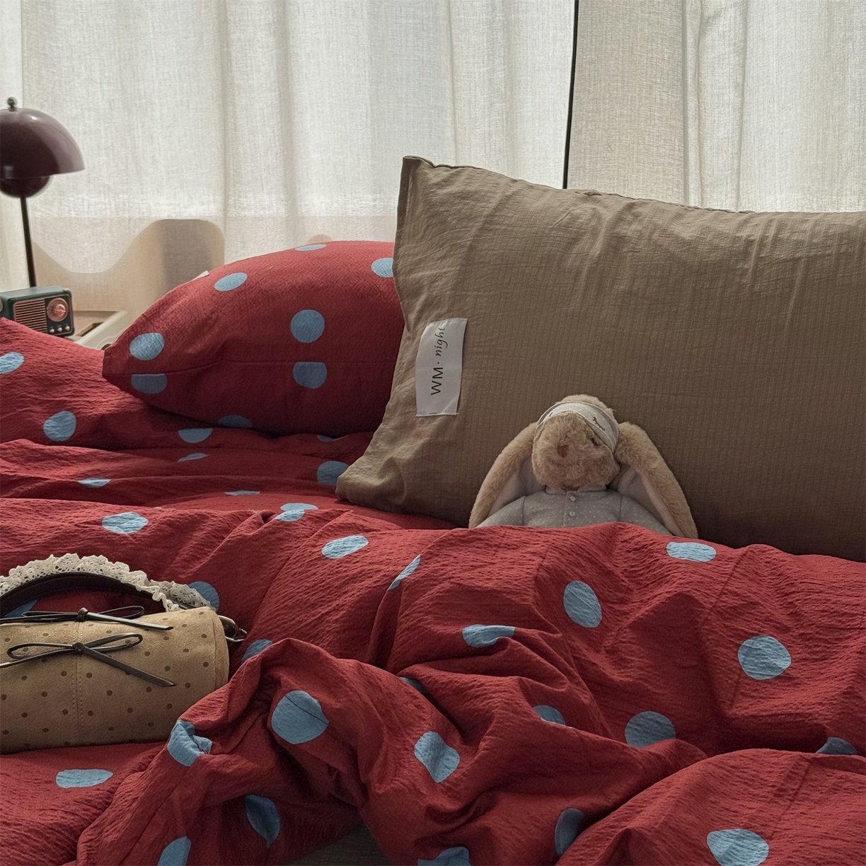 91家纺网 家纺一手货源 找家纺 拾一 2026新款软糯木棉甜美波点系列四件套 甜美波点-蓝红