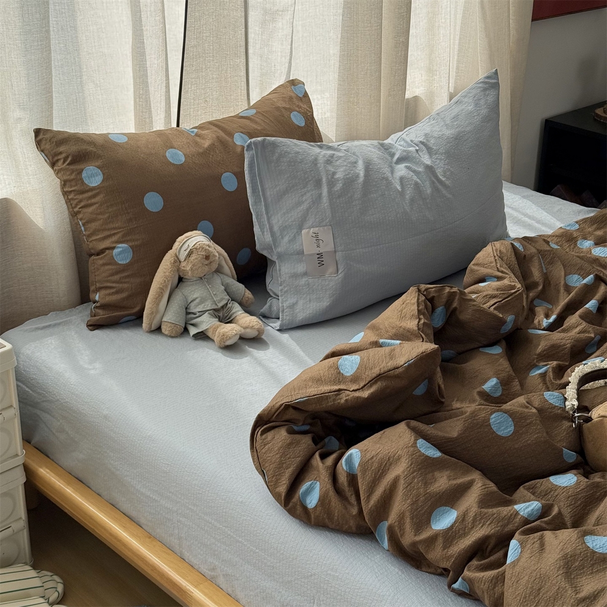 91家纺网 家纺一手货源 找家纺 拾一 2026新款软糯木棉甜美波点系列四件套 甜美波点-篮咖