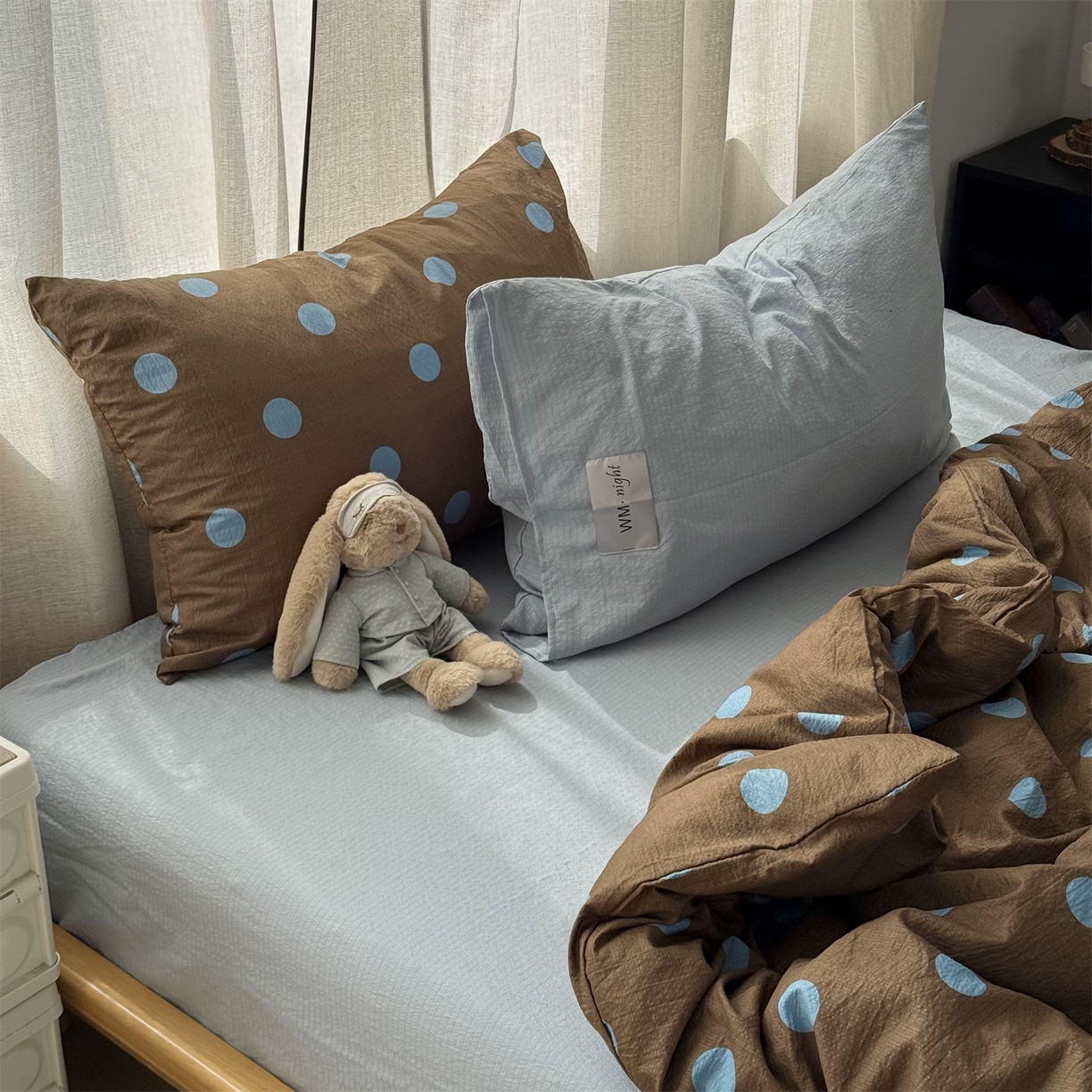 91家纺网 家纺一手货源 找家纺 拾一 2026新款软糯木棉甜美波点系列四件套 甜美波点-篮咖