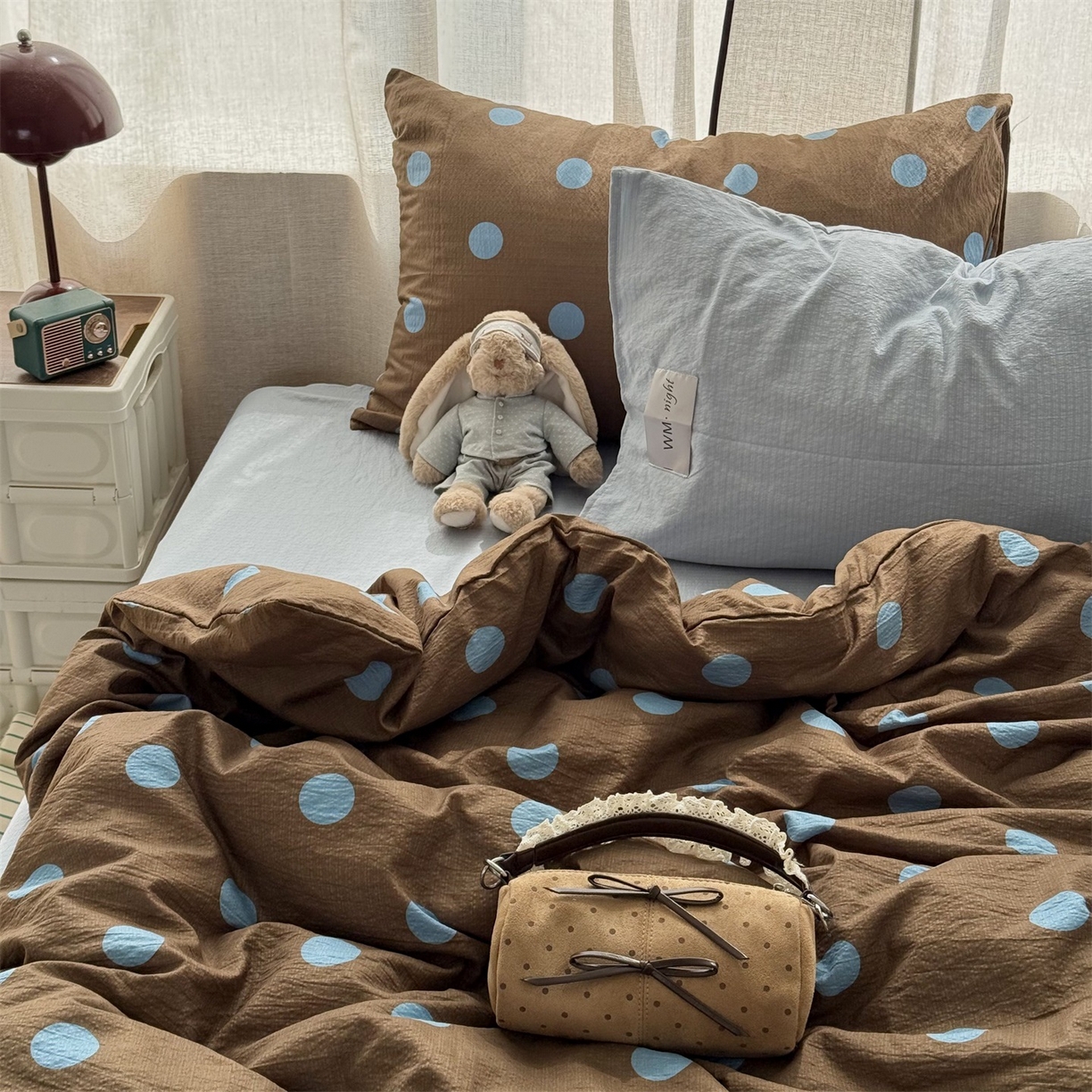 91家纺网 家纺一手货源 找家纺 拾一 2026新款软糯木棉甜美波点系列四件套 甜美波点-篮咖