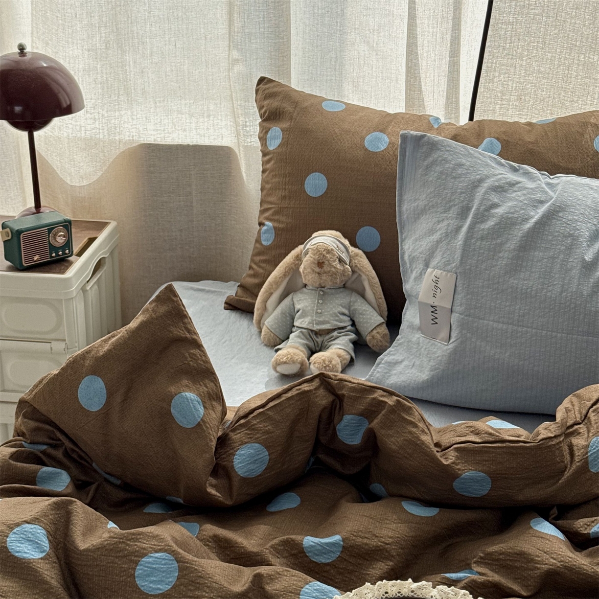 91家纺网 家纺一手货源 找家纺 拾一 2026新款软糯木棉甜美波点系列四件套 甜美波点-篮咖