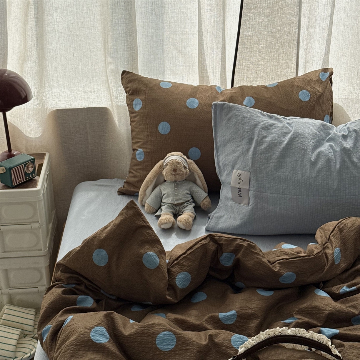 91家纺网 家纺一手货源 找家纺 拾一 2026新款软糯木棉甜美波点系列四件套 甜美波点-篮咖