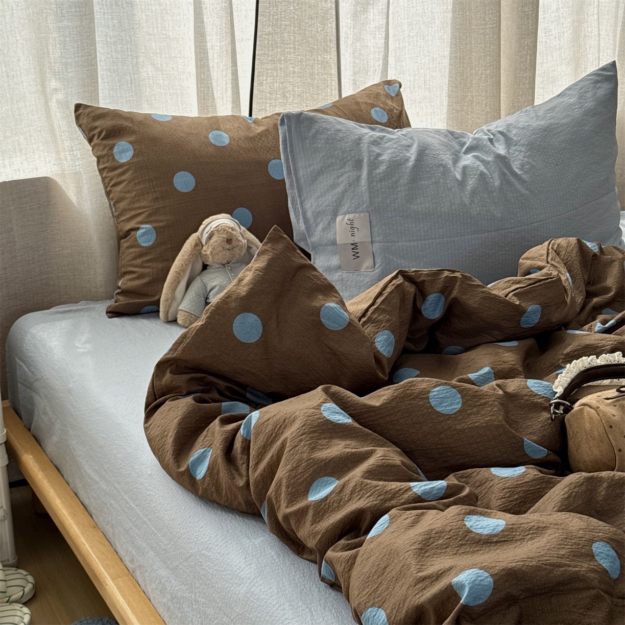 91家纺网 家纺一手货源 找家纺 拾一 2026新款软糯木棉甜美波点系列四件套 甜美波点-篮咖