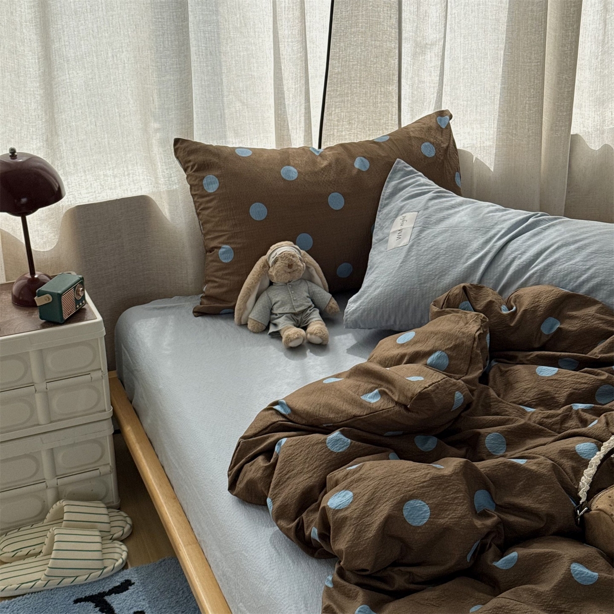 91家纺网 家纺一手货源 找家纺 拾一 2026新款软糯木棉甜美波点系列四件套 甜美波点-篮咖