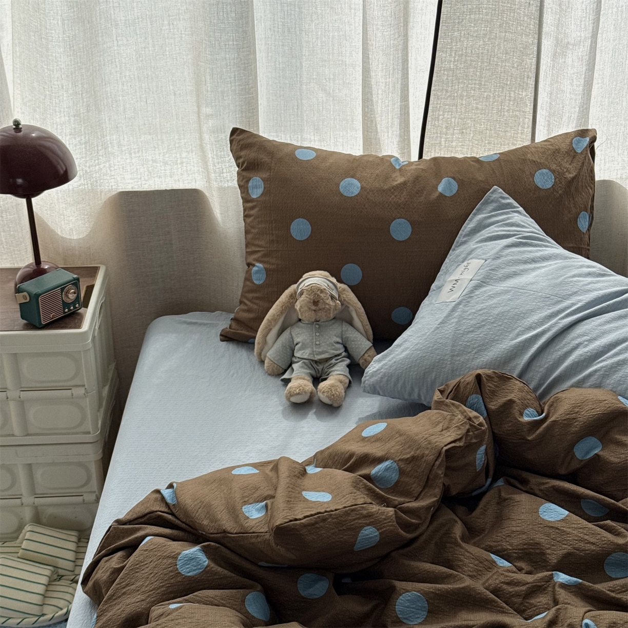 91家纺网 家纺一手货源 找家纺 拾一 2026新款软糯木棉甜美波点系列四件套 甜美波点-篮咖