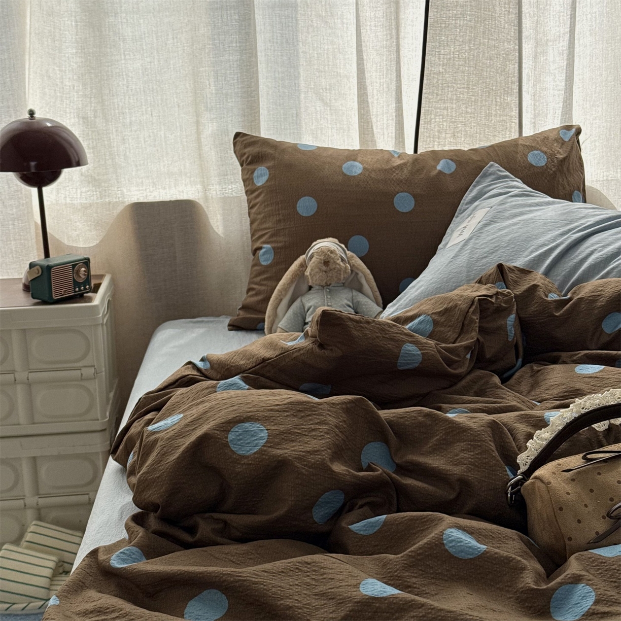 91家纺网 家纺一手货源 找家纺 拾一 2026新款软糯木棉甜美波点系列四件套 甜美波点-篮咖