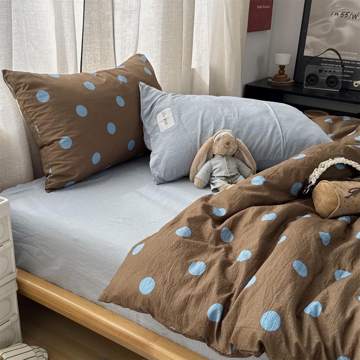 91家纺网 家纺一手货源 找家纺 拾一 2026新款软糯木棉甜美波点系列四件套 甜美波点-篮咖