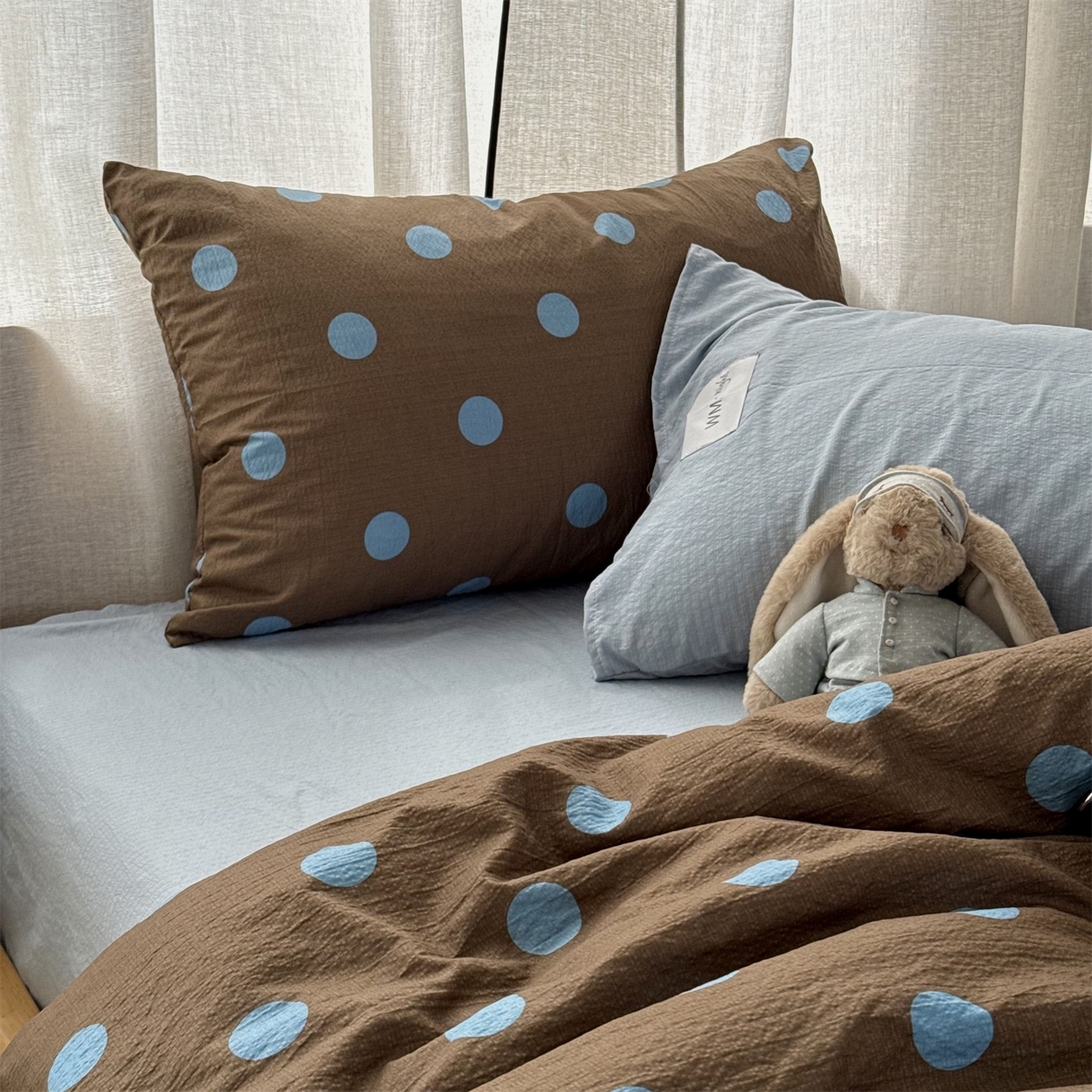 91家纺网 家纺一手货源 找家纺 拾一 2026新款软糯木棉甜美波点系列四件套 甜美波点-篮咖