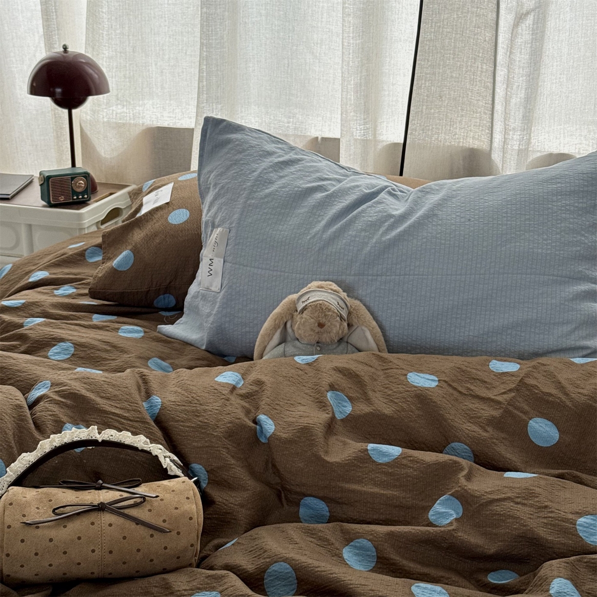 91家纺网 家纺一手货源 找家纺 拾一 2026新款软糯木棉甜美波点系列四件套 甜美波点-篮咖