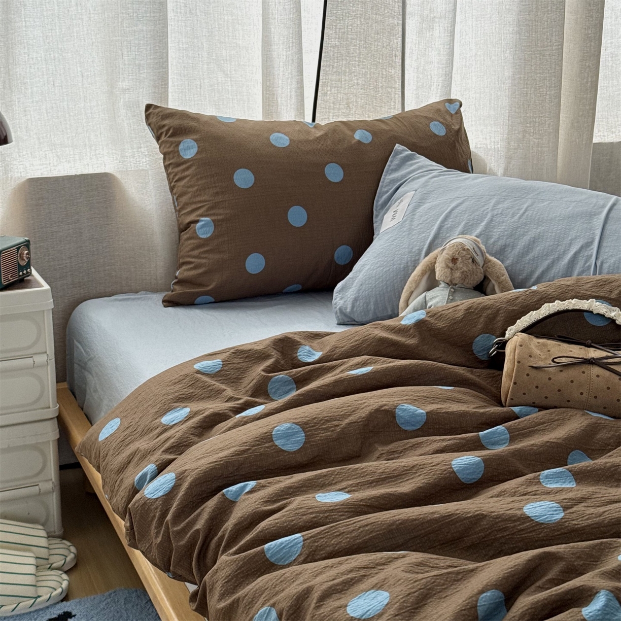 91家纺网 家纺一手货源 找家纺 拾一 2026新款软糯木棉甜美波点系列四件套 甜美波点-篮咖